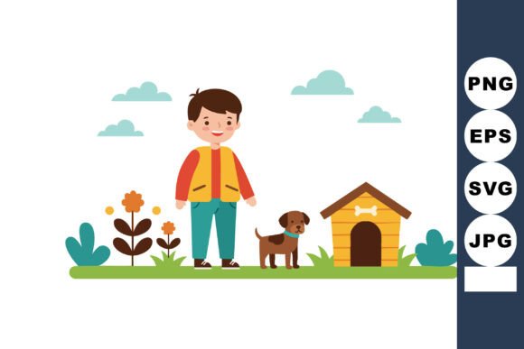 Boy with Dog Near Wooden Doghouse and Fl