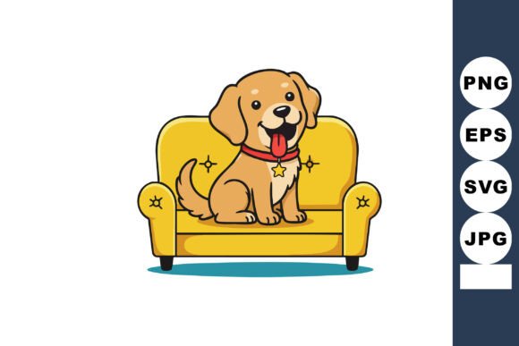 Cute Happy Dog on Yellow Sofa Embroidery