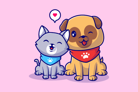 Cute Pug Dog and Cute Cat Sitting