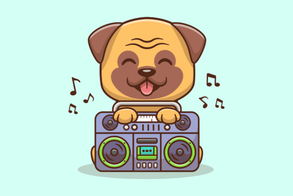 Cute Pug Dog Listening Music with Radio
