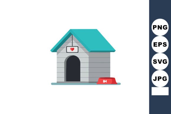 Dog House with Teal Roof and Red Food Bowl