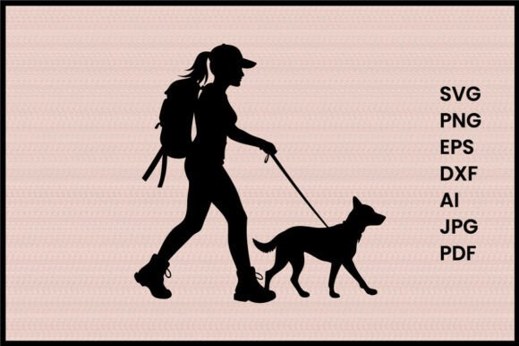 Female Hiker Walking with Dog Silhouette