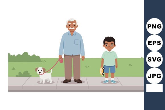 Grandfather Walking Dog with Grandson Bo