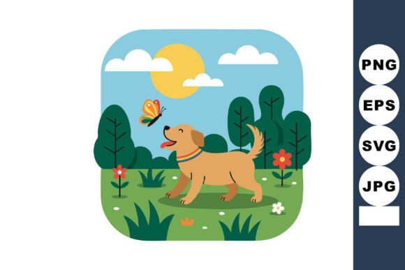 Happy Dog Playing with Butterfly in Green