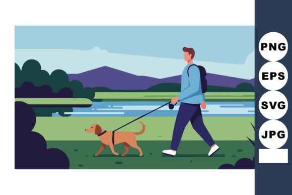 Man Walking Dog Near Lake Design Review