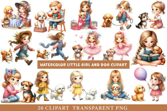 Watercolor Little Girl and Dog Clipart Review